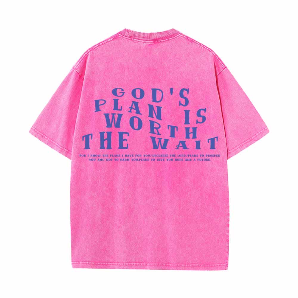 Christianartworkshop Gottes Plan ist das Warten wert – Vorderseite: Mini-Stapeltext; Rückseite: Bogen, große Schriftart; beidseitig gewaschenes T-Shirt - image 19