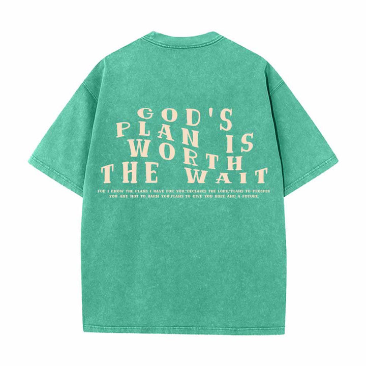 Christianartworkshop Gottes Plan ist das Warten wert – Vorderseite: Mini-Stapeltext; Rückseite: Bogen, große Schriftart; beidseitig gewaschenes T-Shirt - image 7