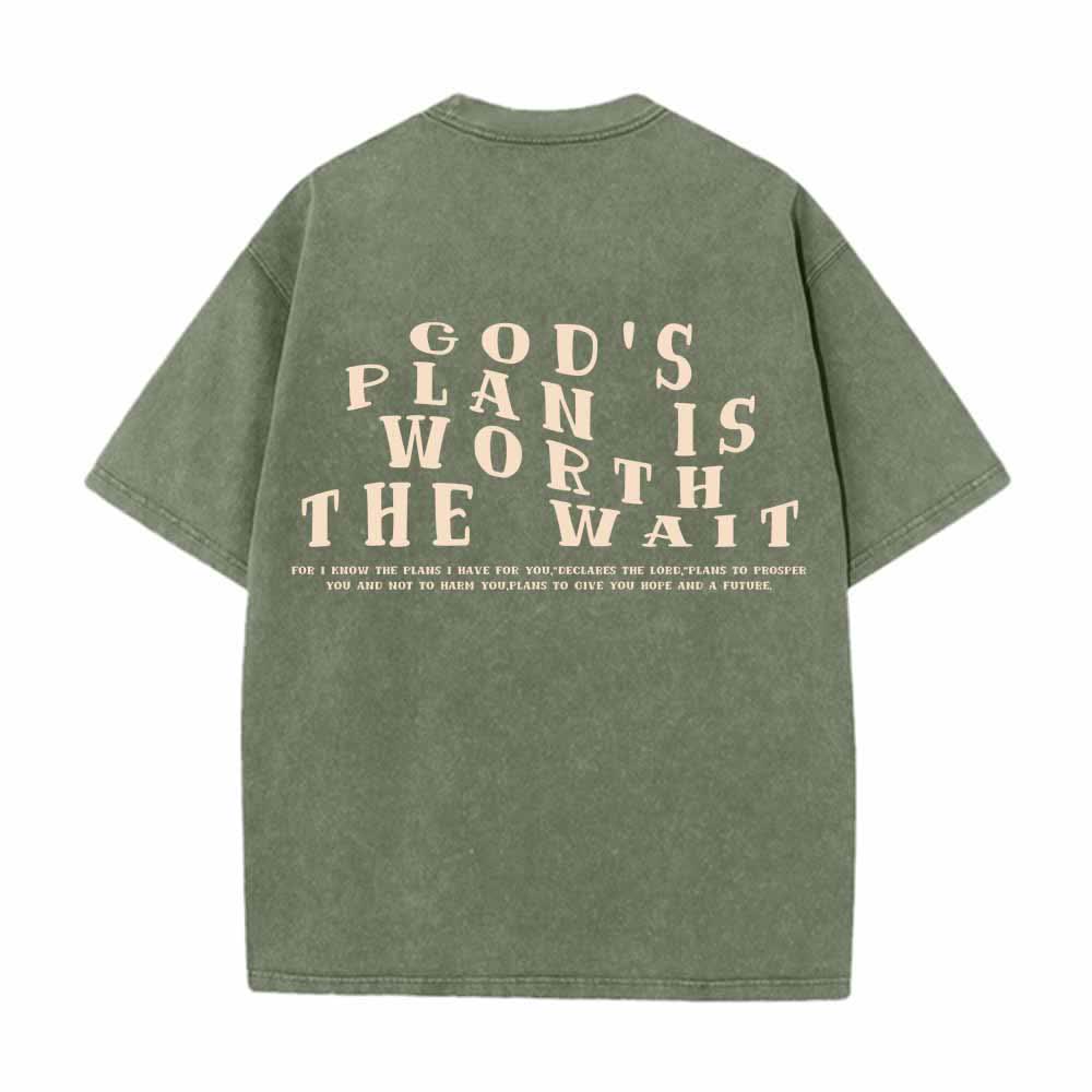 Christianartworkshop Gottes Plan ist das Warten wert – Vorderseite: Mini-Stapeltext; Rückseite: Bogen, große Schriftart; beidseitig gewaschenes T-Shirt - image 22