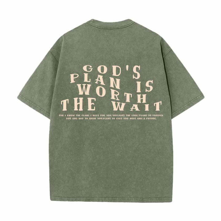 Christianartworkshop Gottes Plan ist das Warten wert – Vorderseite: Mini-Stapeltext; Rückseite: Bogen, große Schriftart; beidseitig gewaschenes T-Shirt - image 22