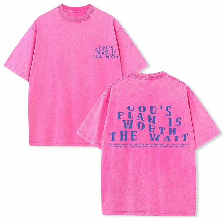 Christianartworkshop Gottes Plan ist das Warten wert – Vorderseite: Mini-Stapeltext; Rückseite: Bogen, große Schriftart; beidseitig gewaschenes T-Shirt - Rosa - 5XL - image 18