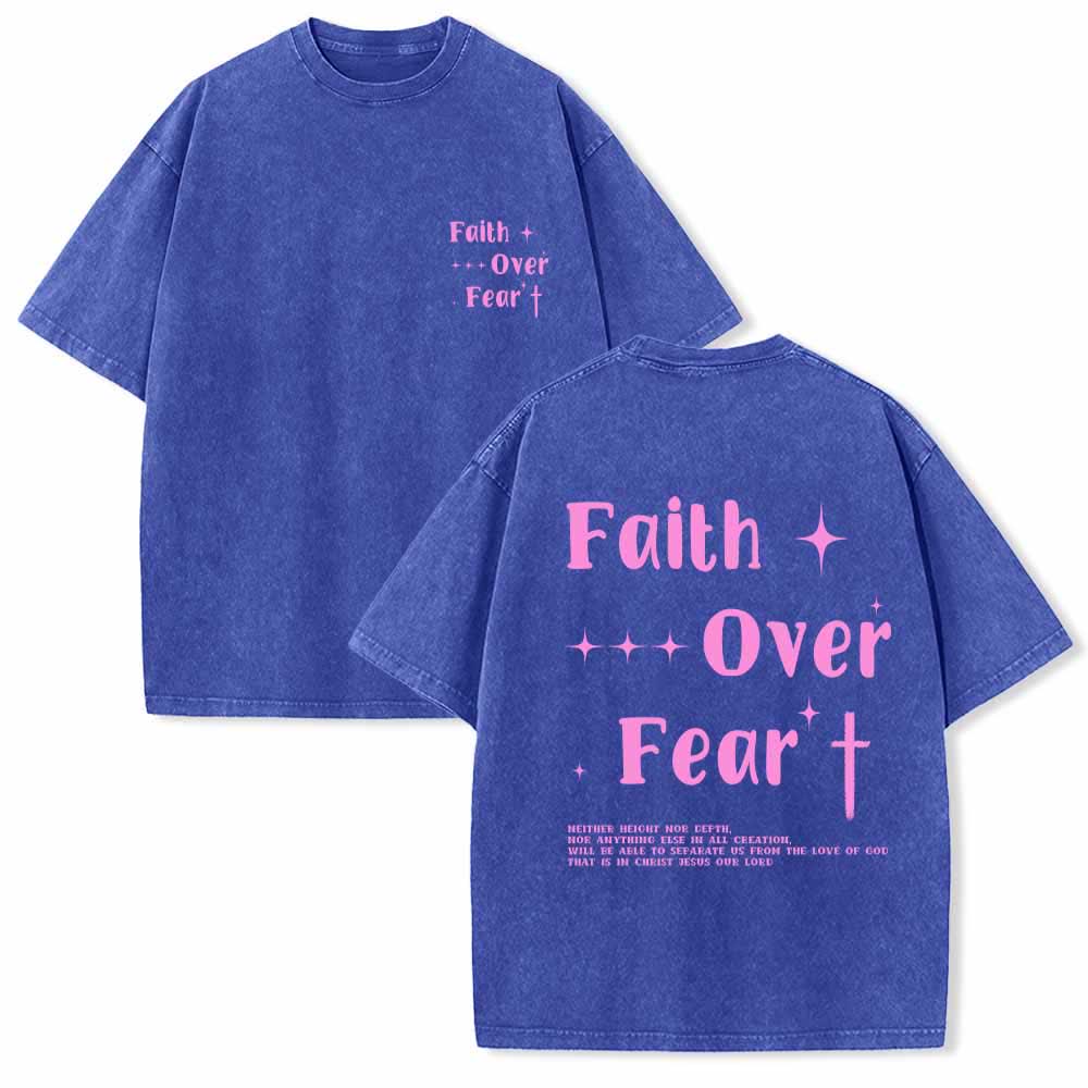 Christianartworkshop Glaube statt Angst – Sternenkreuz-Akzent vorne, Mini-Print hinten, großer Text, beidseitig gewaschenes T-Shirt - Blau - 5XL - image 0