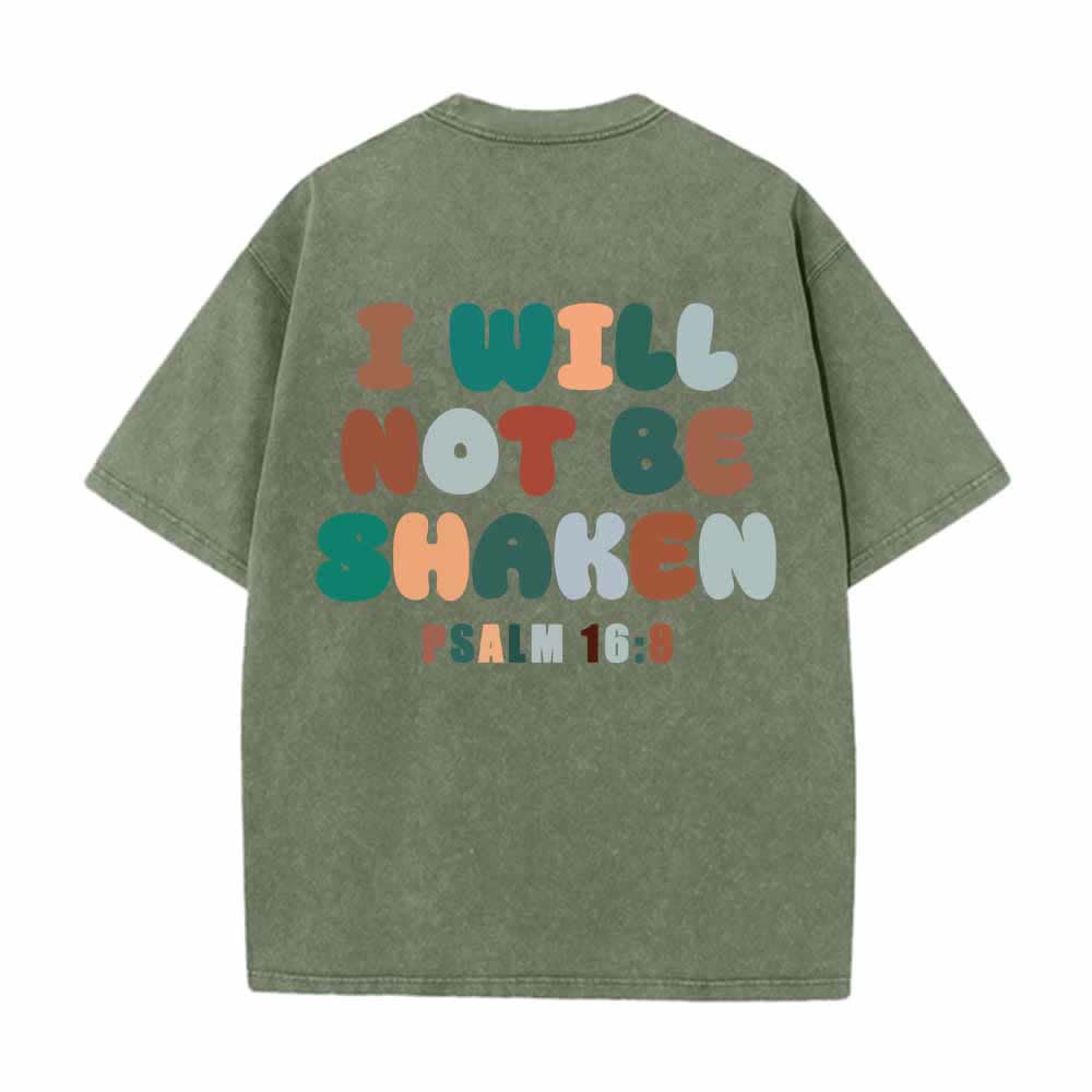Christianartworkshop „Ich werde nicht erschüttert werden“ – Schräge Schulterpartie, Schriftzug vorne, mehrfarbige Buchstaben in Blasenform hinten, Psalm 16,8 – doppelseitig gewaschenes T-Shirt - image 1