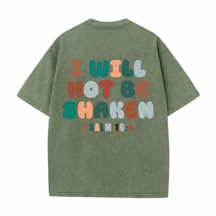 Christianartworkshop „Ich werde nicht erschüttert werden“ – Schräge Schulterpartie, Schriftzug vorne, mehrfarbige Buchstaben in Blasenform hinten, Psalm 16,8 – doppelseitig gewaschenes T-Shirt - image 1
