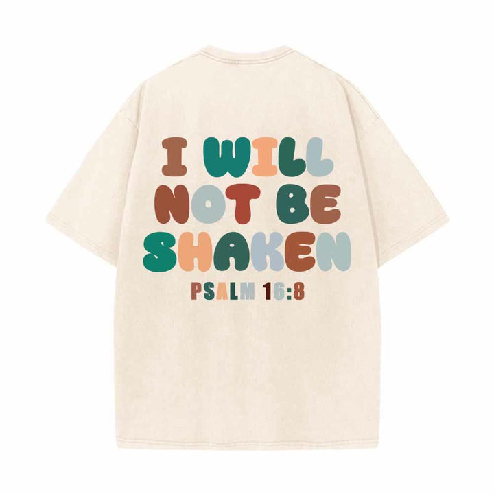 Christianartworkshop „Ich werde nicht erschüttert werden“ – Schräge Schulterpartie, Schriftzug vorne, mehrfarbige Buchstaben in Blasenform hinten, Psalm 16,8 – doppelseitig gewaschenes T-Shirt - image 19