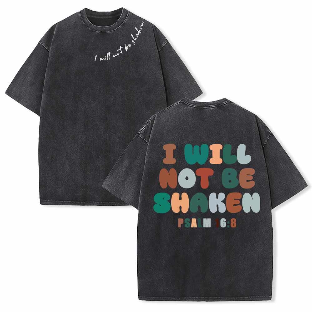 Christianartworkshop „Ich werde nicht erschüttert werden“ – Schräge Schulterpartie, Schriftzug vorne, mehrfarbige Buchstaben in Blasenform hinten, Psalm 16,8 – doppelseitig gewaschenes T-Shirt - Schwarz - 5XL - image 15