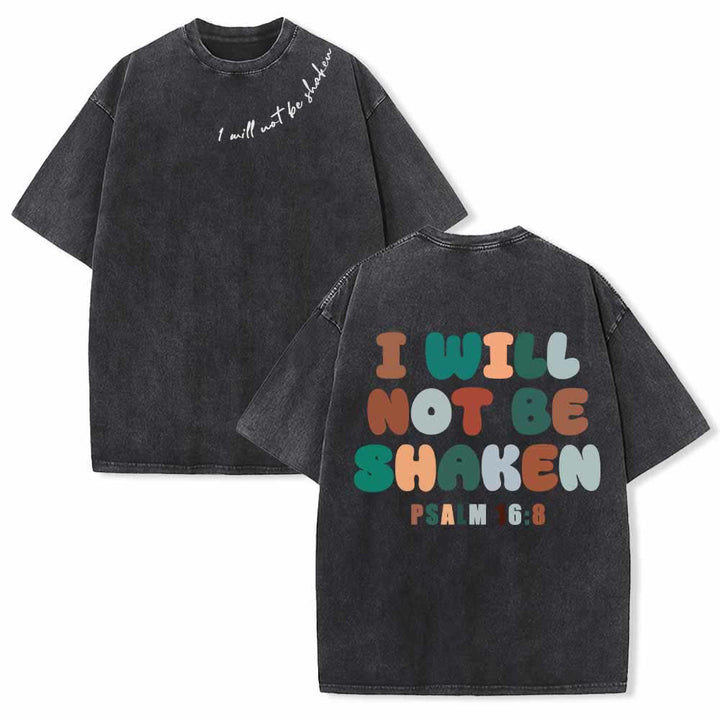 Christianartworkshop „Ich werde nicht erschüttert werden“ – Schräge Schulterpartie, Schriftzug vorne, mehrfarbige Buchstaben in Blasenform hinten, Psalm 16,8 – doppelseitig gewaschenes T-Shirt - Schwarz - 5XL - image 15