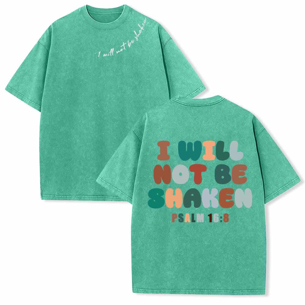 Christianartworkshop „Ich werde nicht erschüttert werden“ – Schräge Schulterpartie, Schriftzug vorne, mehrfarbige Buchstaben in Blasenform hinten, Psalm 16,8 – doppelseitig gewaschenes T-Shirt - Grün - 5XL - image 12