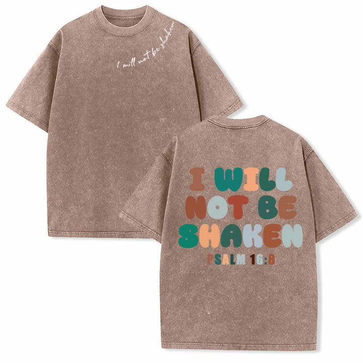 Christianartworkshop „Ich werde nicht erschüttert werden“ – Schräge Schulterpartie, Schriftzug vorne, mehrfarbige Buchstaben in Blasenform hinten, Psalm 16,8 – doppelseitig gewaschenes T-Shirt - Braun - 5XL - image 6