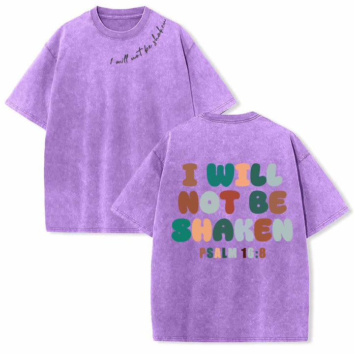 Christianartworkshop „Ich werde nicht erschüttert werden“ – Schräge Schulterpartie, Schriftzug vorne, mehrfarbige Buchstaben in Blasenform hinten, Psalm 16,8 – doppelseitig gewaschenes T-Shirt - Lila - 5XL - image 21