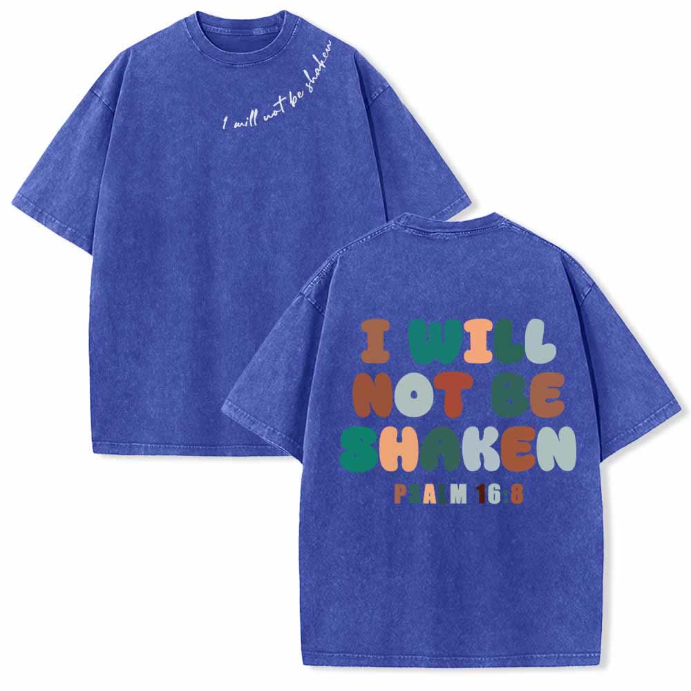 Christianartworkshop „Ich werde nicht erschüttert werden“ – Schräge Schulterpartie, Schriftzug vorne, mehrfarbige Buchstaben in Blasenform hinten, Psalm 16,8 – doppelseitig gewaschenes T-Shirt - Blau - 5XL - image 3