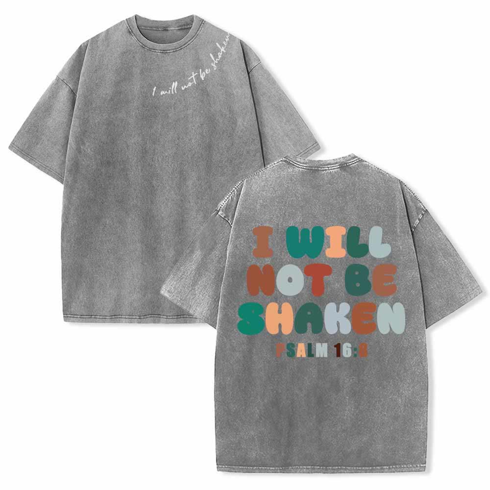 Christianartworkshop „Ich werde nicht erschüttert werden“ – Schräge Schulterpartie, Schriftzug vorne, mehrfarbige Buchstaben in Blasenform hinten, Psalm 16,8 – doppelseitig gewaschenes T-Shirt - Grau - 5XL - image 9