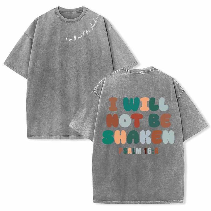 Christianartworkshop „Ich werde nicht erschüttert werden“ – Schräge Schulterpartie, Schriftzug vorne, mehrfarbige Buchstaben in Blasenform hinten, Psalm 16,8 – doppelseitig gewaschenes T-Shirt - Grau - 5XL - image 9