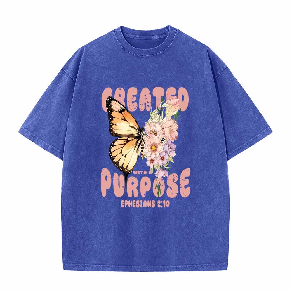 Christianartworkshop Mit Bedacht gestaltetes T-Shirt mit Monarchfalter- und Pastell-Wildblumenmotiv und dem Bibelvers Epheser 2,10 auf der Vorderseite – gewaschen - Blau - 5XL - image 2