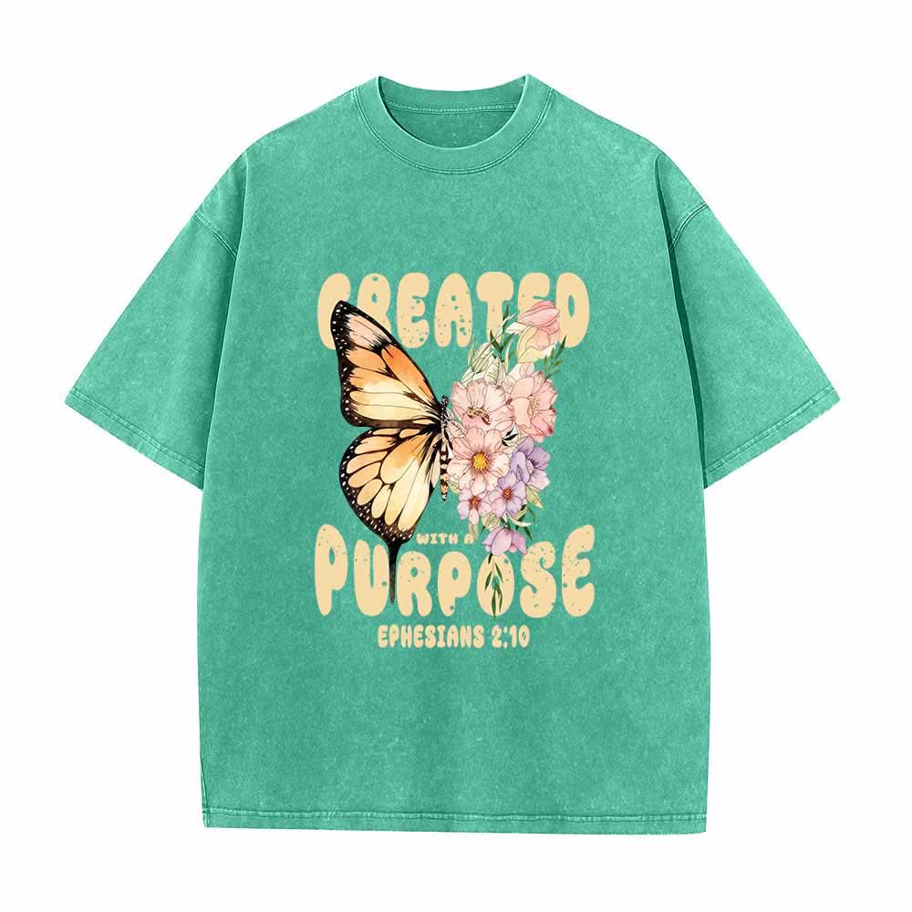 Christianartworkshop Mit Bedacht gestaltetes T-Shirt mit Monarchfalter- und Pastell-Wildblumenmotiv und dem Bibelvers Epheser 2,10 auf der Vorderseite – gewaschen - Grün - 5XL - image 5