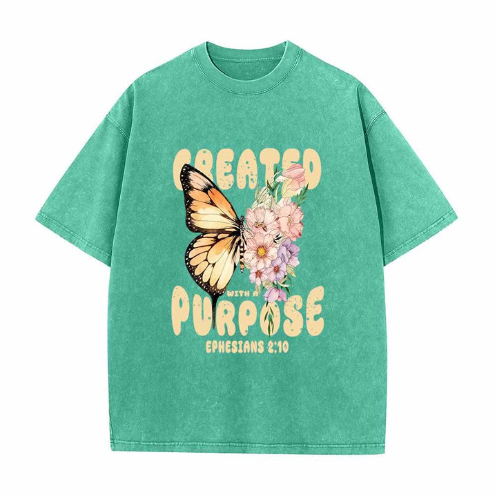 Christianartworkshop Mit Bedacht gestaltetes T-Shirt mit Monarchfalter- und Pastell-Wildblumenmotiv und dem Bibelvers Epheser 2,10 auf der Vorderseite – gewaschen - Grün - 5XL - image 5