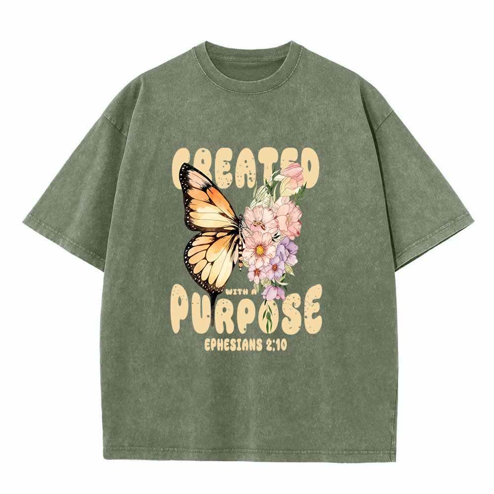 Christianartworkshop Mit Bedacht gestaltetes T-Shirt mit Monarchfalter- und Pastell-Wildblumenmotiv und dem Bibelvers Epheser 2,10 auf der Vorderseite – gewaschen - Armeegrün - 5XL - image 1