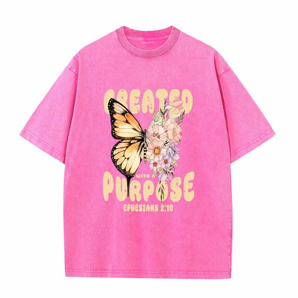 Christianartworkshop Mit Bedacht gestaltetes T-Shirt mit Monarchfalter- und Pastell-Wildblumenmotiv und dem Bibelvers Epheser 2,10 auf der Vorderseite – gewaschen - Rosa - 5XL - image 0