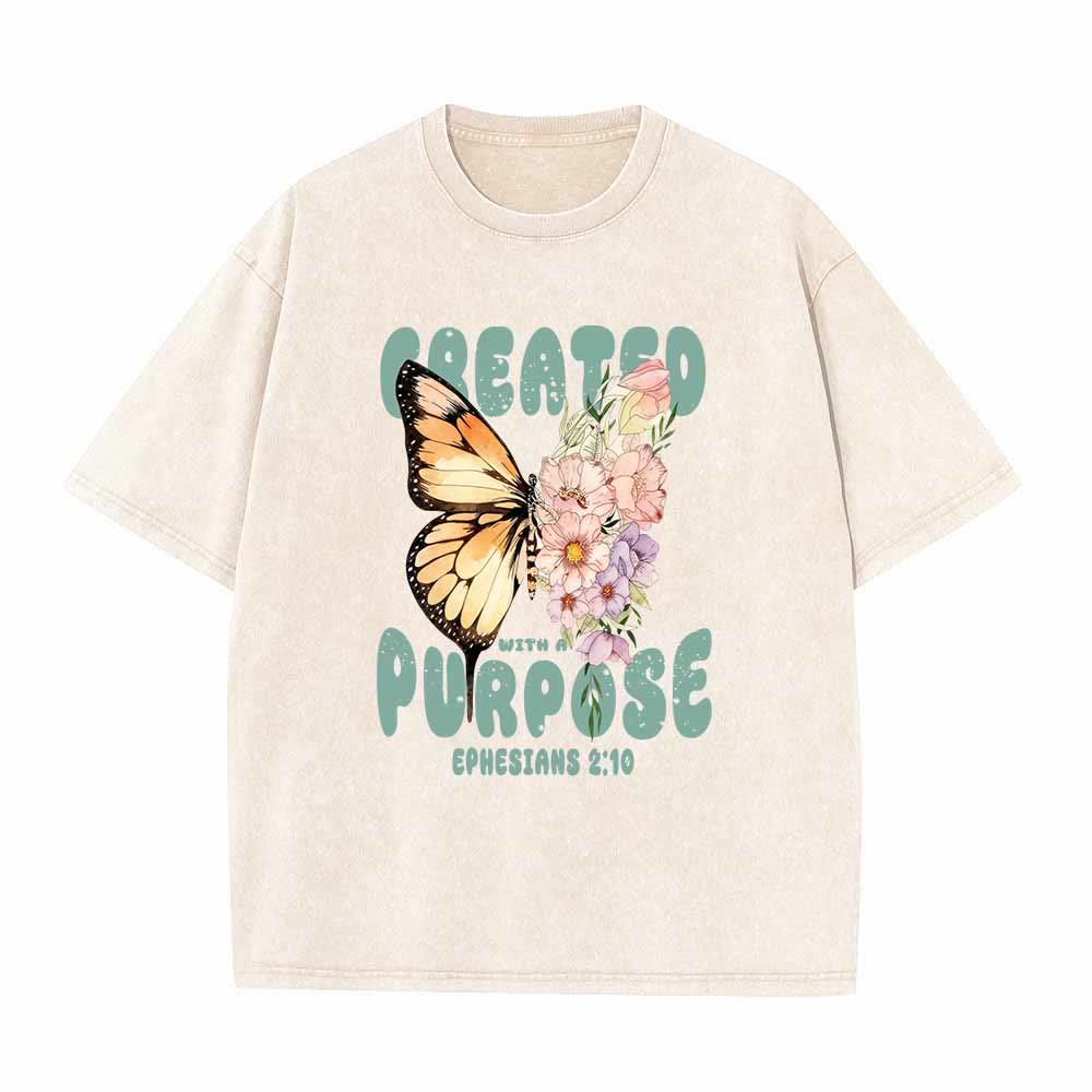 Christianartworkshop Mit Bedacht gestaltetes T-Shirt mit Monarchfalter- und Pastell-Wildblumenmotiv und dem Bibelvers Epheser 2,10 auf der Vorderseite – gewaschen - Beige - 5XL - image 7