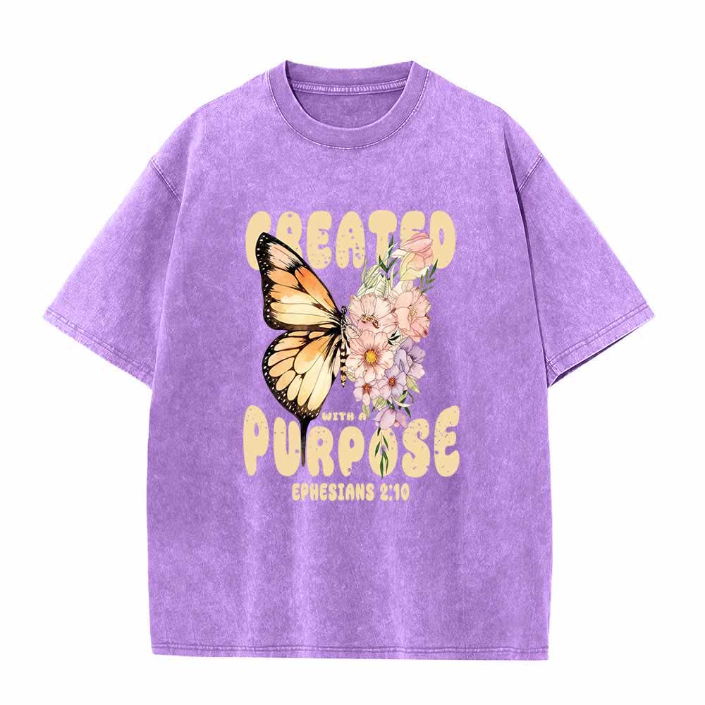 Christianartworkshop Mit Bedacht gestaltetes T-Shirt mit Monarchfalter- und Pastell-Wildblumenmotiv und dem Bibelvers Epheser 2,10 auf der Vorderseite – gewaschen - Lila - 5XL - image 8