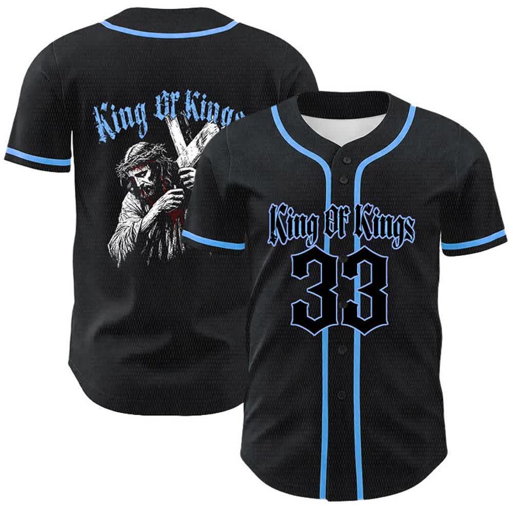 Christianartworkshop King Of Kings Nummer 33 Jesus trägt Kreuz Unisex Baseballtrikot - Blau - 5XL - image 12
