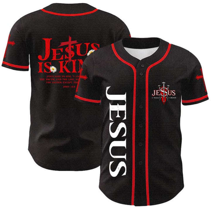 Christianartworkshop Jesus ist König (Johannes 14,6) – Drei Nägel, ein Kreuz – Unisex-Baseballtrikot - Rot - 5XL - image 0