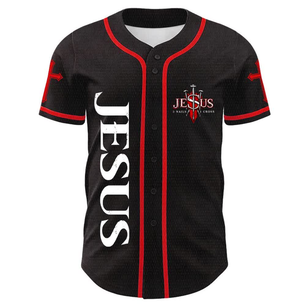 Christianartworkshop Jesus ist König (Johannes 14,6) – Drei Nägel, ein Kreuz – Unisex-Baseballtrikot - image 1