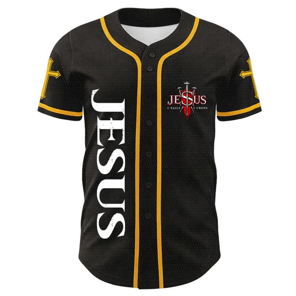 Christianartworkshop Jesus ist König (Johannes 14,6) – Drei Nägel, ein Kreuz – Unisex-Baseballtrikot - image 4