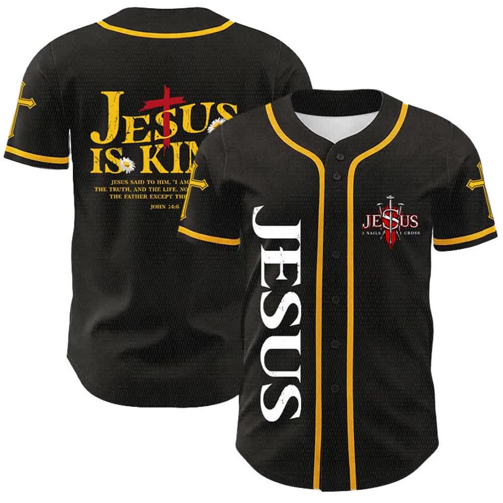 Christianartworkshop Jesus ist König (Johannes 14,6) – Drei Nägel, ein Kreuz – Unisex-Baseballtrikot - Gelb - 5XL - image 3
