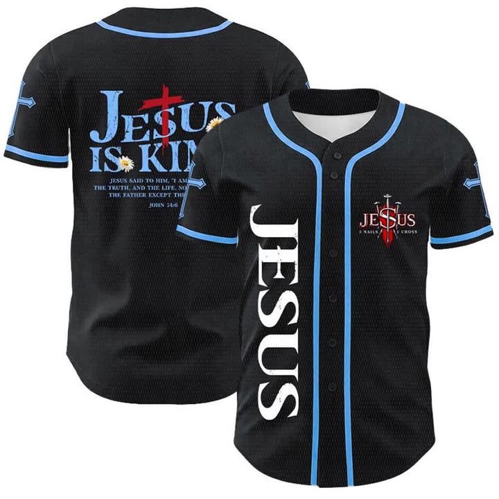 Christianartworkshop Jesus ist König (Johannes 14,6) – Drei Nägel, ein Kreuz – Unisex-Baseballtrikot - Blau - 5XL - image 12