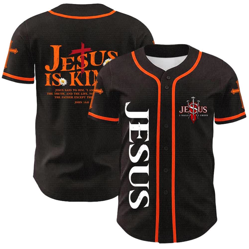 Christianartworkshop Jesus ist König (Johannes 14,6) – Drei Nägel, ein Kreuz – Unisex-Baseballtrikot - Orange - 5XL - image 9