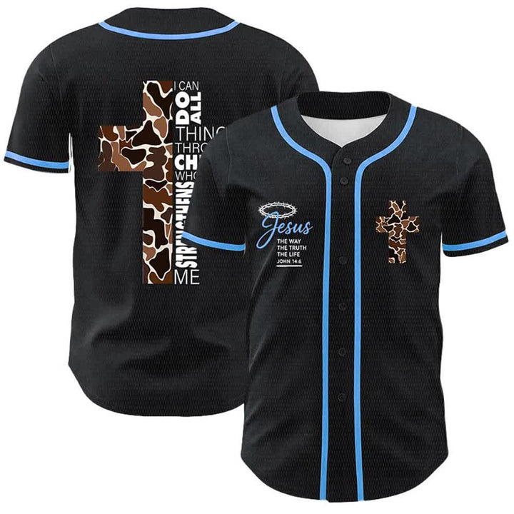 Christianartworkshop Leopardenmuster-Kreuz „Ich vermag alles durch Christus“ Unisex-Baseballtrikot - Blau - 5XL - image 12