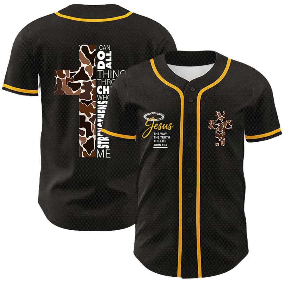 Christianartworkshop Leopardenmuster-Kreuz „Ich vermag alles durch Christus“ Unisex-Baseballtrikot - Gelb - 5XL - image 0