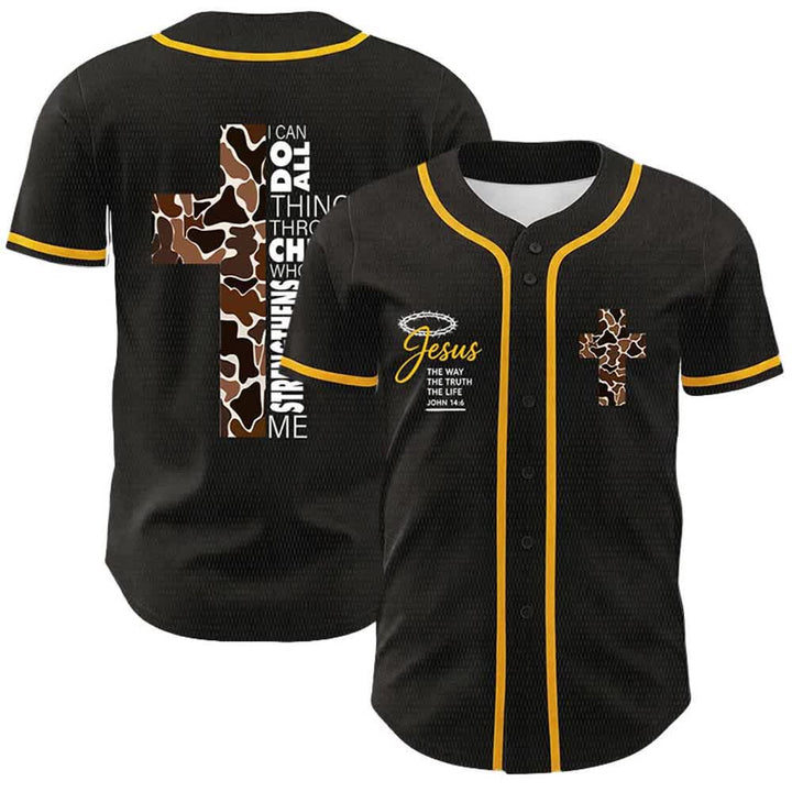 Christianartworkshop Leopardenmuster-Kreuz „Ich vermag alles durch Christus“ Unisex-Baseballtrikot - Gelb - 5XL - image 0