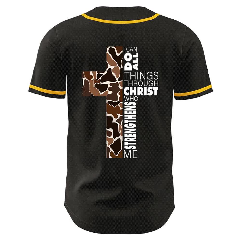 Christianartworkshop Leopardenmuster-Kreuz „Ich vermag alles durch Christus“ Unisex-Baseballtrikot - image 1