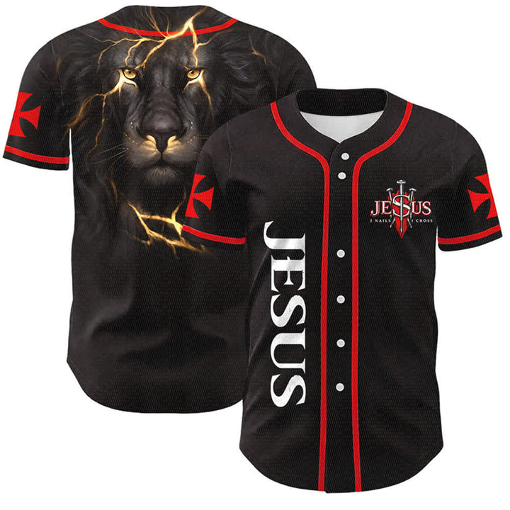 Christianartworkshop Vorderseite Vertikales Jesus-Nagelkreuz-Emblem Rückseite Blitz Löwe von Juda Porträt Button-Up Baseball-Trikot - image 0