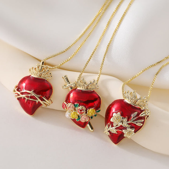 Christianartworkshop Glänzende rote Emaille-Halskette mit heiligem Herzen und mehrfarbigen Verzierungen: Symbol grenzenloser himmlischer Liebe - image 0