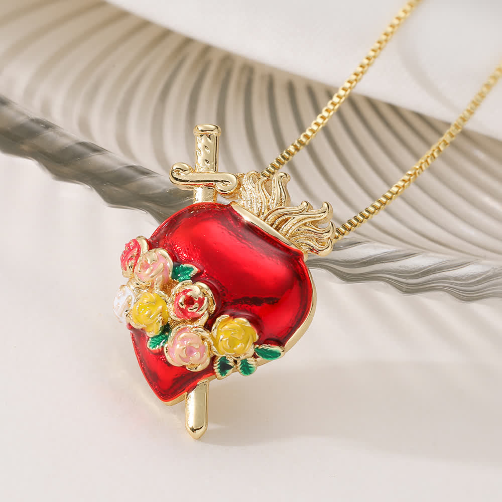 Christianartworkshop Glänzende rote Emaille-Halskette mit heiligem Herzen und mehrfarbigen Verzierungen: Symbol grenzenloser himmlischer Liebe - Bunte Blumen - image 3