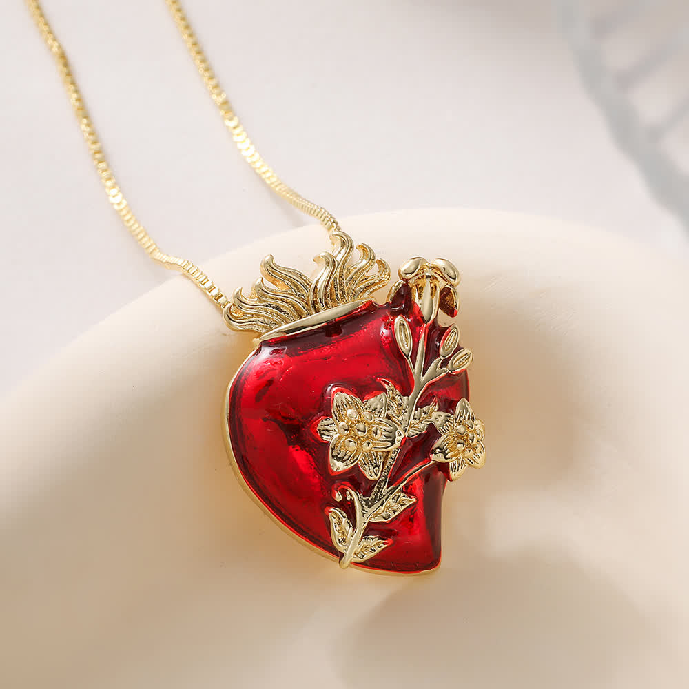 Christianartworkshop Glänzende rote Emaille-Halskette mit heiligem Herzen und mehrfarbigen Verzierungen: Symbol grenzenloser himmlischer Liebe - Goldene Blüten - image 2