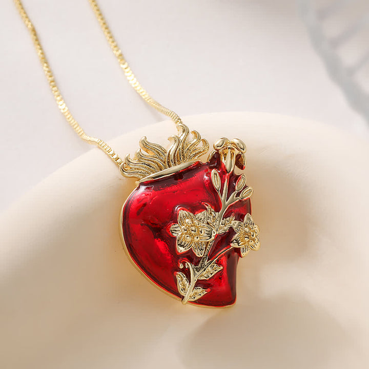 Christianartworkshop Glänzende rote Emaille-Halskette mit heiligem Herzen und mehrfarbigen Verzierungen: Symbol grenzenloser himmlischer Liebe - Goldene Blüten - image 2