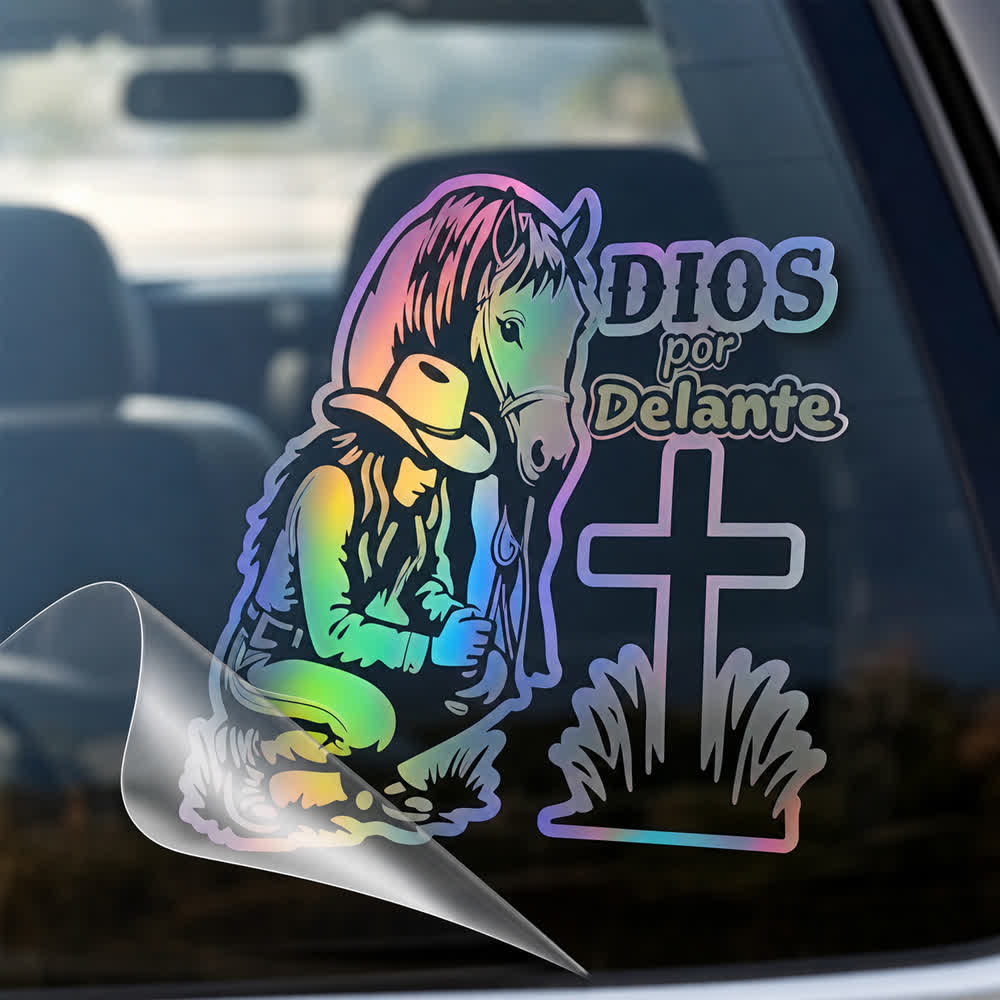 Christianartworkshop Spanischer religiöser Autoaufkleber „Dios Por Delante“ (Cowgirl & Kreuz) - image 4