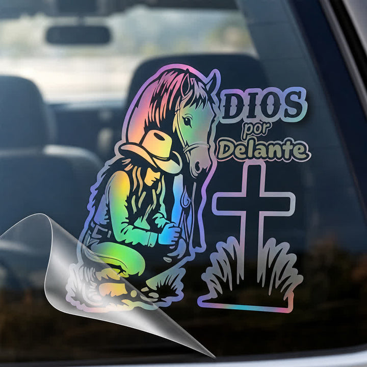 Christianartworkshop Spanischer religiöser Autoaufkleber „Dios Por Delante“ (Cowgirl & Kreuz) - image 4