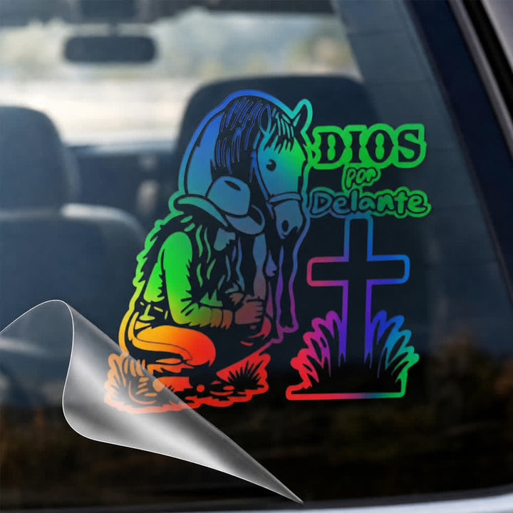 Christianartworkshop Spanischer religiöser Autoaufkleber „Dios Por Delante“ (Cowgirl & Kreuz) - Mehrfarbig - Set mit 10 Stück - image 0