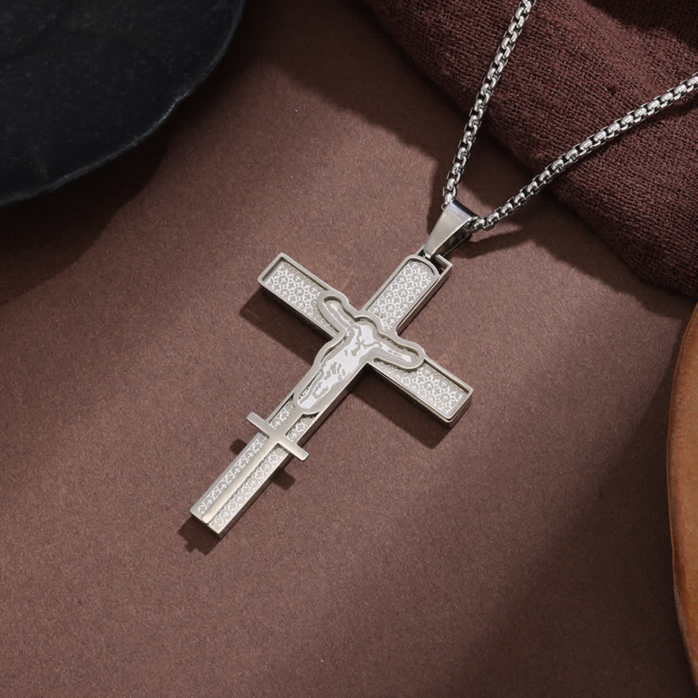 Christianartworkshop Mehrlagige, hohle Kreuz-Box-Kettenhalskette mit strukturierter Einlegearbeit: Symbol grenzenloser himmlischer Barmherzigkeit - Silber - image 1