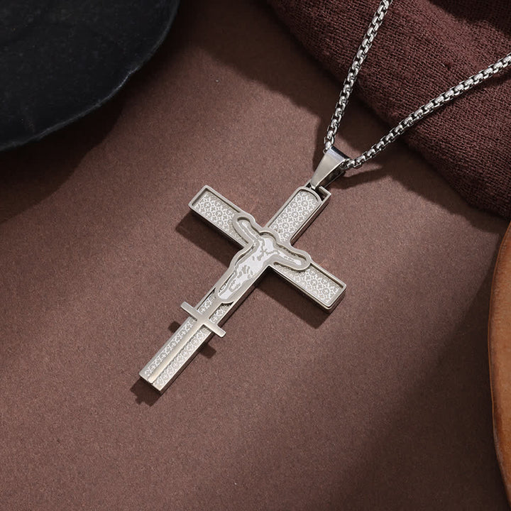Christianartworkshop Mehrlagige, hohle Kreuz-Box-Kettenhalskette mit strukturierter Einlegearbeit: Symbol grenzenloser himmlischer Barmherzigkeit - Silber - image 1