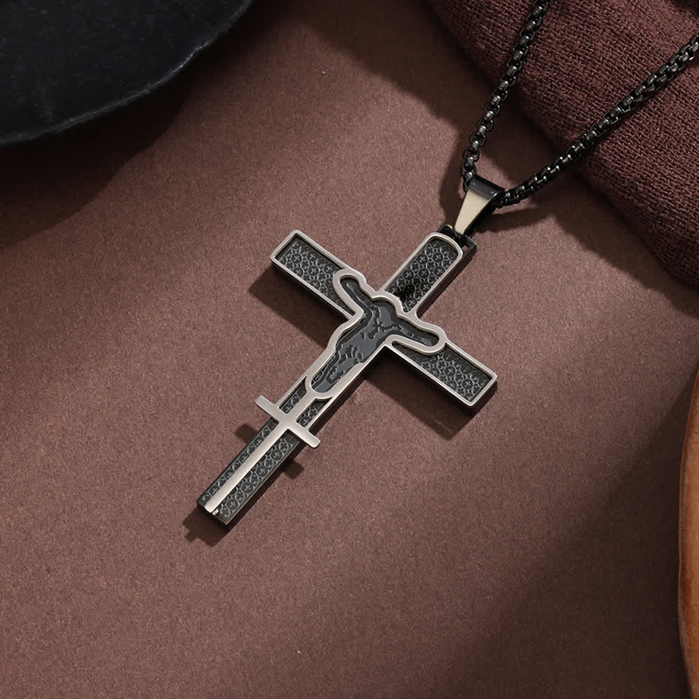 Christianartworkshop Mehrlagige, hohle Kreuz-Box-Kettenhalskette mit strukturierter Einlegearbeit: Symbol grenzenloser himmlischer Barmherzigkeit - Schwarz - image 3