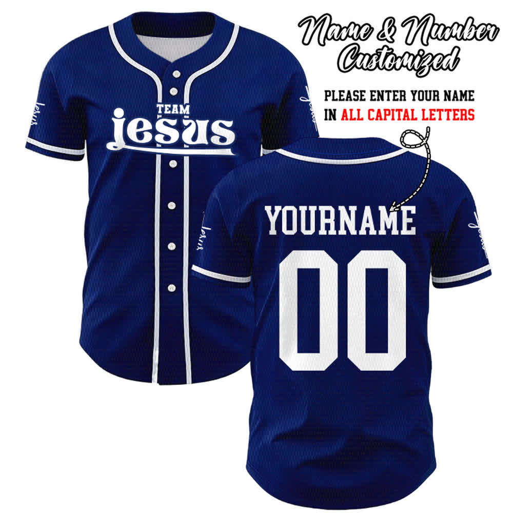 Christianartworkshop Bold Team Jesus Benutzerdefiniertes Namens- und Nummern-Unisex-Baseballtrikot - Marineblau - 5XL - Name & Nummer angepasst - image 0