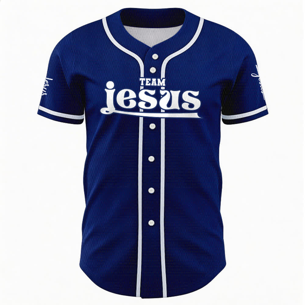 Christianartworkshop Bold Team Jesus Benutzerdefiniertes Namens- und Nummern-Unisex-Baseballtrikot - image 2