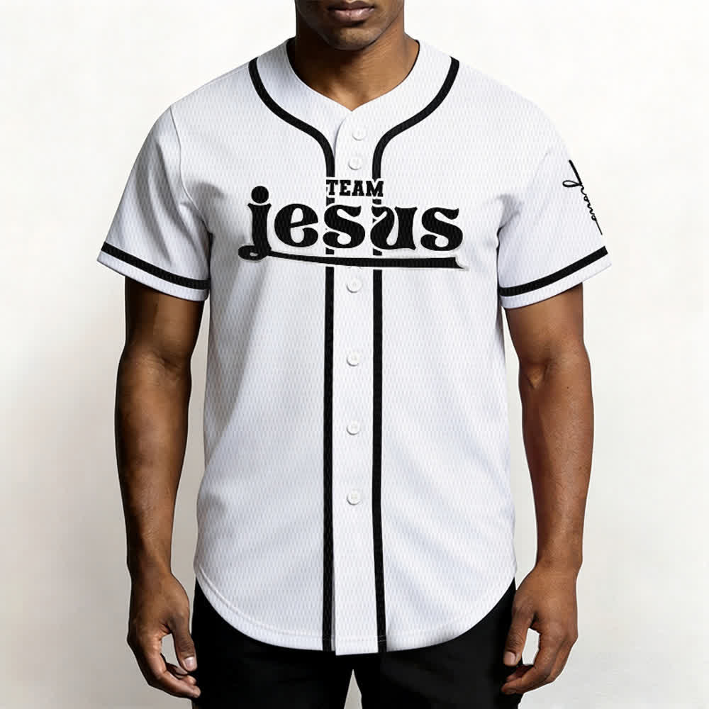 Christianartworkshop Bold Team Jesus Benutzerdefiniertes Namens- und Nummern-Unisex-Baseballtrikot - image 13