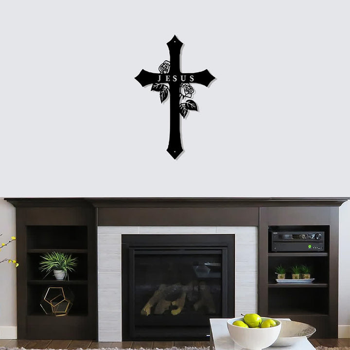 Christianartworkshop Heiliges Kreuz aus Rosenranken mit dem Schriftzug „JESUS“ – Wanddekoration aus Metall: Symbol ewiger göttlicher Liebe - image 1